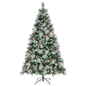 7ft Pre-Lit Christmas Tree - 70 Red Berries  70 Pine Cones, Changeable Lights & Auto-Stretching Branches, Ideal For Home Office Parties