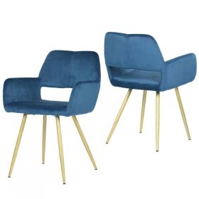 Set of 2 Modern, Blue Velvet Upholstered Dining Chair with Gold Metal Legs