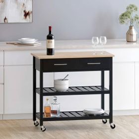 Modern Black Kitchen Island Cart,  with Wood Top , 2 Drawers and 2 Bottom Shelves