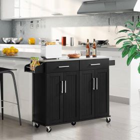 Black Kitchen Island Cart with Stainless Steel Top,  2 Drawers and Cabinet