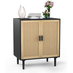 Mid-Century, Modern Rattan Sideboard Table, Buffet, Cabinet ,in Black Wood Finish