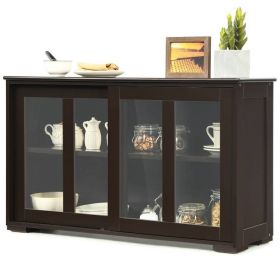 Brown Wood Buffet ,Kitchen Dining Sideboard ,Storage Cabinet w/ Glass Sliding Door