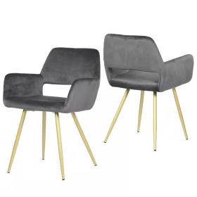 Set of 2 Modern, Dark Grey Velvet Upholstered Dining Chair with Gold Metal Legs