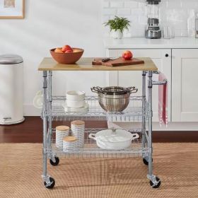 Kitchen Island Cart with Wood Top,  and 2 Bottom Storage Shelves on Wheels