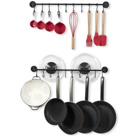 Set of 2 - Black Metal, Wall Mounted Pot Rack with 20 Hanging Hooks