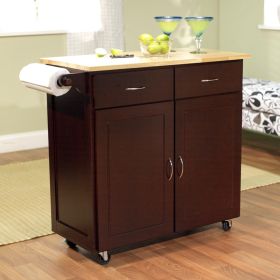 43-inch  Portable Kitchen Island Cart with Natural Wood Top in Espresso