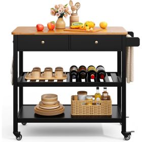 Black Kitchen Island Cart with Wood Top,  2 Shelves,  2 Drawers and Locking Wheels