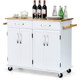 White Kitchen Cart Island with Wood Top,  2 Drawers and Bottom Storage Cabinet