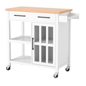 White Kitchen Island Cart with Wood Top,  Storage Cabinet and Locking Casters