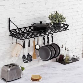Black Metal ,Rectangular Wall Mounted Kitchen Pot Rack with 12 Hanging Hooks