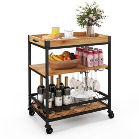 Modern Metal Wood Shelf , Kitchen Serving Bar Cart with Removable Top Tray