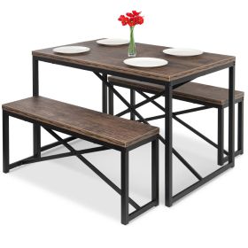 Modern 3-Piece Dining Set, with Wood Top Metal Frame Table and 2 Bench Chairs