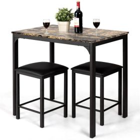 Modern 3-Piece Dining Set, Brown Faux Marble Table-Top and 2 Black Chairs Stools