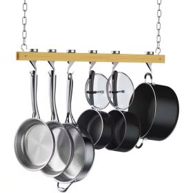 Ceiling Mounted , 36-inch Wooden Pot Rack, with 4 Pan Hanging Hooks and 2 Swivel Hooks