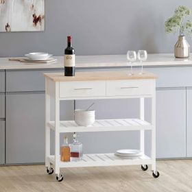 Modern White Kitchen Island Cart,  with Wood Top,  2 Drawers and 2 Bottom Shelves