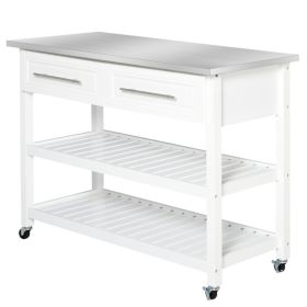 White Rolling Kitchen Island, 2 Drawers For Storage with Stainless Steel Top