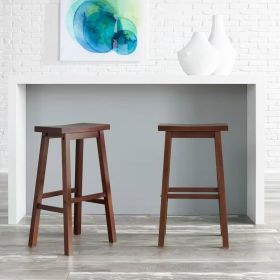 Set of 2 Farmhouse, Bar Height Saddle Seat Barstools , in Brown Walnut Wood Finish