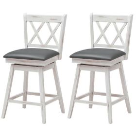 Set of 2,  White Wood,  24-in Counter Height Farmhouse,  Swivel Cushion Seat Barstools