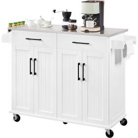 White Kitchen Cart Island with Stainless Steel Top,  2 Drawers and Cabinet