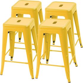 Set of 4 ,- 24 inch,. Indoor/Outdoor Backless, Stacking, Yellow, Metal Barstools