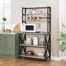 Modern Black Metal, Grey Wood, Bakers Rack, Microwave Stand, Kitchen Shelving Unit
