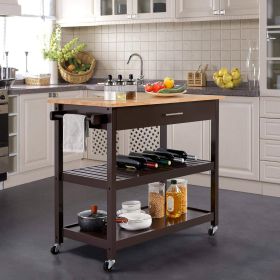 Dark Brown Kitchen Island Cart w/ Wood Top,  2-Shelves Drawer and Locking Wheels
