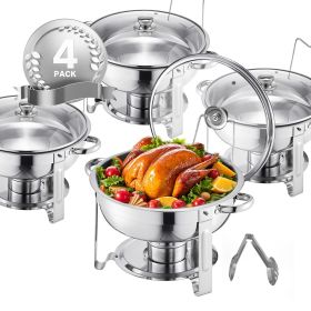 5 Qt 4 Pack Round Chafing Dish Buffet Set Full-Size Pan Stainless Steel Silver
