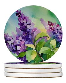 New Hampshire Purple Lilac in Watercolor Large Sandstone Coasters Pack of 4 Absorbent Round Coasters Decor Gifts for Men or Women, 4 in, Multicolor