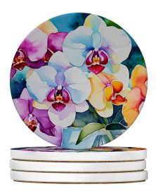 Orchids in Watercolor Large Sandstone Coasters Pack of 4 Absorbent Round Coasters Decor Gifts for Men or Women, 4 in, Multicolor