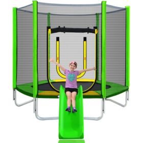 7FT Trampoline For Kids With Safety Enclosure Net, Slide And Ladder, Easy Assembly Round Outdoor Recreational Trampoline